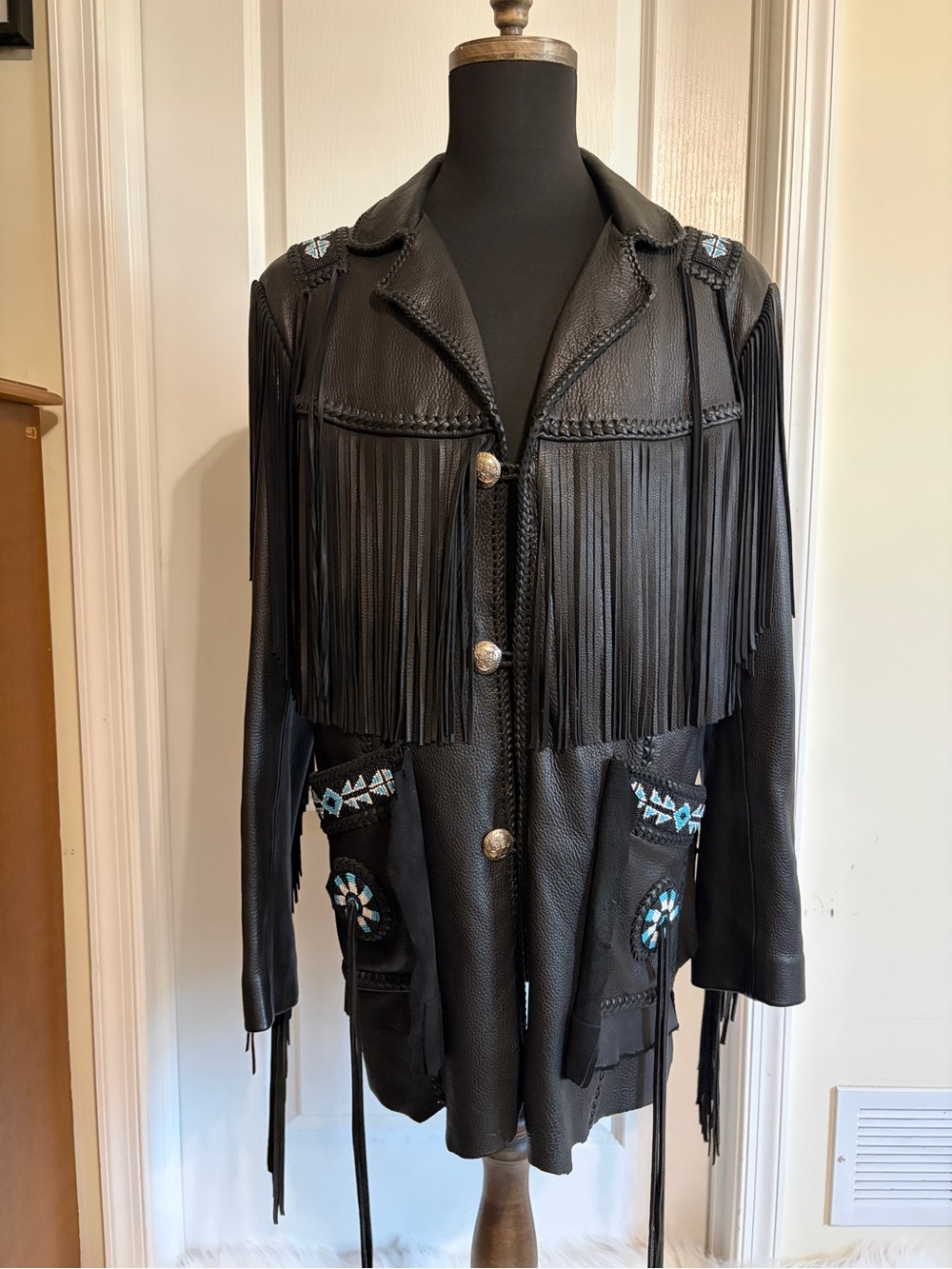 Arturo Arocha Black Leather Western Beaded Fringe Jacket 44